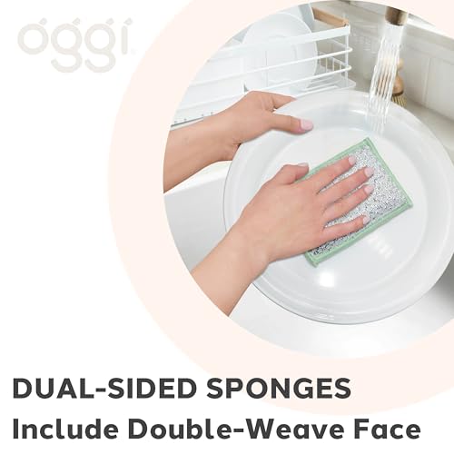 OGGI Bambou Odor-Free Scrubbing Sponges - Natural Scrub Sponges for Dishes, 91% Bamboo-Derived Rayon Cellulose Fiber, Reusable, Absorbent, Durable Scrubbers, Non-Scratch, Washable - 3 pcs, 7x4 - color: White/Sage