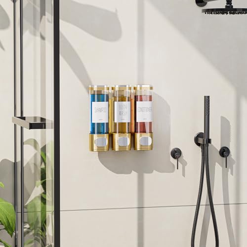 VITVITI Shampoo and Conditioner Dispenser for Shower Wall, Shower Soap Dispenser 3 Chamber No Drill Wall Mounted, 10.2 OZ Plastic Refillable Shower/Body Wash Bottles for Bathroom (Glod) - color: Gold