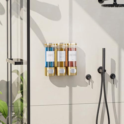 VITVITI Shampoo and Conditioner Dispenser for Shower Wall, Shower Soap Dispenser 3 Chamber No Drill Wall Mounted, 10.2 OZ Plastic Refillable Shower/Body Wash Bottles for Bathroom (Glod) - color: Gold