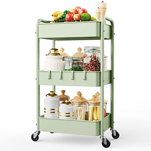LEHOM 3 Tier Rolling Cart, Metal Rolling Utility Cart with Lockable Wheels & Hooks, Multi-Functional Heavy Duty Storage Cart Organizer for Bathroom, Kitchen, Office, Living Room - color: Green