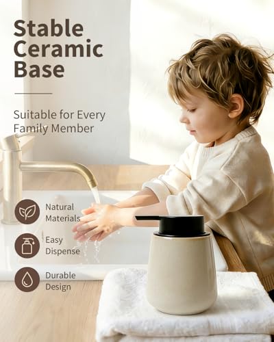 BosilunLife Hand Soap Dispenser - Ceramic Dish Soap Dispenser for Bathroom 12ounce Refillable Liquid Hand Wash Dispenser for Essential Oil, Lotion Soap, Greige with Speckle - color: Greige