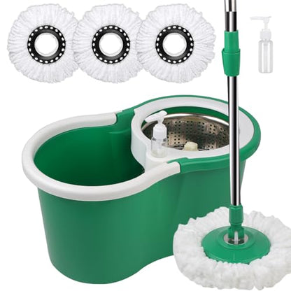 Spin Mop and Bucket with Wringer Set, 360° Rotating Head Mop Bucket System with 3 Microfiber Mop Refills Wet and Dry Suitable for Office and Home Use, Green (Green) - color: Green