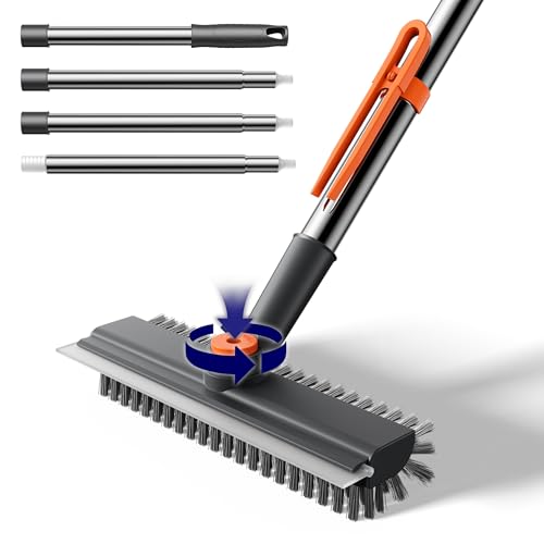 Small Floor Scrub Brush with Length Adjustable Long Handle, 3 in 1 Heavy-Duty Stiff Bristle Scrubber Brush with Squeegee and Tweezer for Cleaning Bathroom, Tile, Deck, Patio, Garage and Kitchen - color: Gray