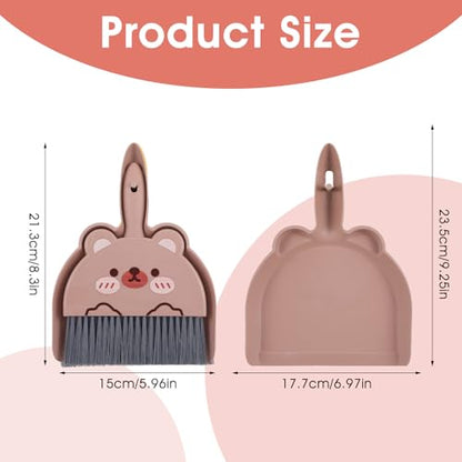 Portable Hand Broom and Dustpan Set, Cute Mini Dustpan and Brush with Bear Pattern, Small Cartoon Space Cleaning Tool for Home Office Desktop Car Camping Kitchen Tabletop (Brown) - color: Brown