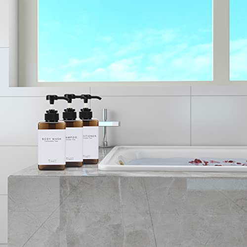 Plastic Refillable Hand Soap Dispenser Modern Square Pump Bottle for Bathroom Vanities or Kitchen Sink, Countertops - 3 Packs with Waterproof Label(Amber) - color: 3 Bottles-amber
