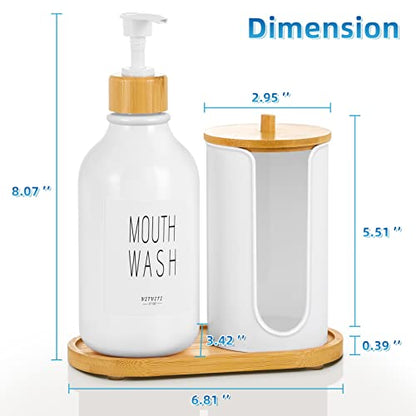 VITVITI Mouthwash Dispenser for Bathroom, Mouth Wash Pump Bottle with Paper Cup Holder, 17Oz Refillable White Mouthwash Container with Bamboo Lid/Tray/Label - color: White
