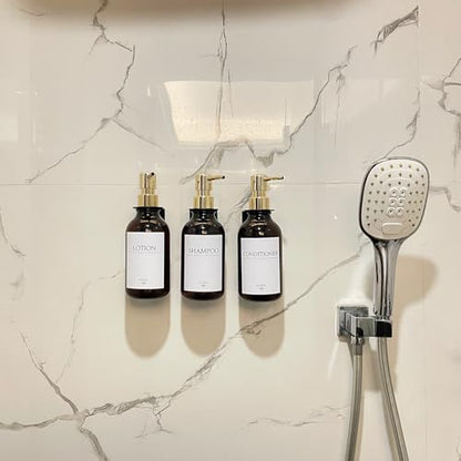 Shampoo Dispenser for Shower Wall, Shampoo and Conditioner Dispenser with 16 Waterproof Labels, No Drill Shower Soap Dispenser Bathroom, Shower Soap Dispenser Wall Mounted,17oz, 3 Pack, Gold Amber - color: 1-amber Bottle + Gold Pump