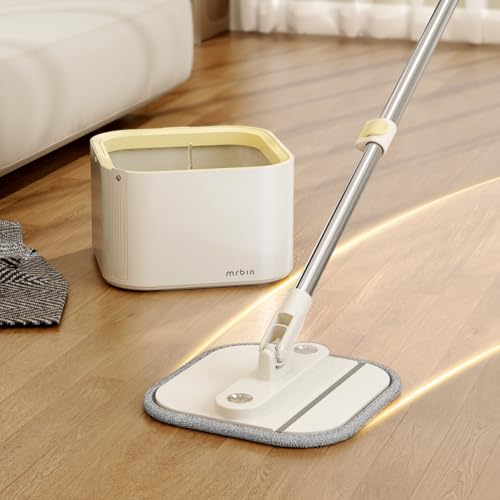 Mrbin Spin Mop for Floor Cleaning and Bucket Set, 2 in 1 Quick Dry Wet Flat Swivel Trapeador Hands Free with Washable Microfiber Pads, Refillable Tank for Hardwood, Laminate, Tile, Vinyl, Cream White
