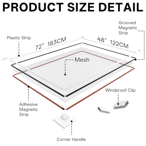 Adjustable DIY Magnetic Window Screen Replacement Window Screens 48" * 72" with White Window Frames Fiberglass Mesh for House Windows - size: 72"x48"