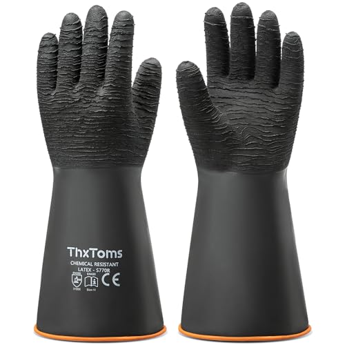 ThxToms Heavy Duty Rubber Gloves, Industrial Chemical Resistant Gloves Waterproof Reusable Protective Work Gloves for Cleaning, Dishwashing,Upgraded with Non-Slip Design, Black, 14" 1 Pair - color: 14"