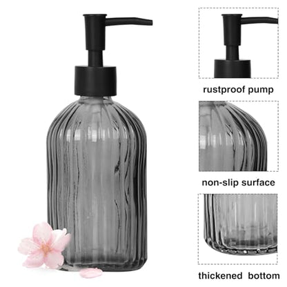 Black & Clear Glass Soap Dispenser with Plastic Pump, 13.5oz Vertical Stripe Design Hand Soap Dispenser for Dish Wash, Refillable Lotion Dispenser for Bathroom and Kitchen - color: Transparent Black & Clear