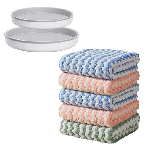 JOYMOOP Microfiber Cleaning Cloth, 5 PCS Kitchen Towels(10" x 10"), Absorbent Streak Free Lint Cleaning Cloths, Reusable and Washable Dish Rags with 12" and 10" Lazy Susan Organizer - color: Mixed [Pink+blue+green], size: 10"x10" - 5pcs + 2 Organizers