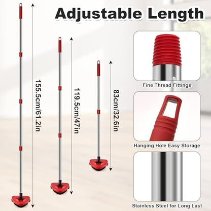 4 Part Stainless Steel Spin Mop Handles, Mop Base & Upgrade Scrub Brush Combo for Ocedar EasyWring 1 Tank Spin Mop System, Mop Handle Mop Base & Brush Set for O Cedar Mop, Universal Thin Screw Joints