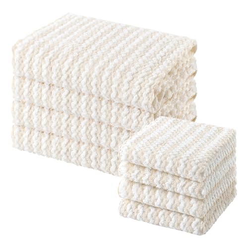 Homaxy 8 Pack Kitchen Towels and Dishcloths Set, 10 x 10 and 10 x 20 Inches, Ultra Soft and Absorbent Coral Velvet Dish Towels, no-lint Reusable Fast Drying Microfiber Cleaning Cloth, Beige - color: Beige, style: 8-Piece Set
