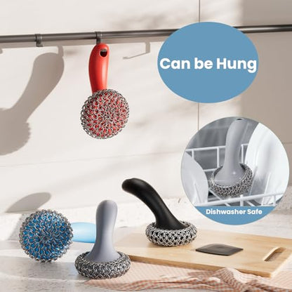 Cast Iron Scrubber with Long Handle | 316 Cast Iron Cleaner Chainmail Scrubber for Pan Skillet Cleaner - Dish Scouring Pad Dishwasher Safe Cleaning Kit (Grey, 1 Scrubber + 1 Scraper) - color: Grey, 1 Scrubber + 1 Scraper
