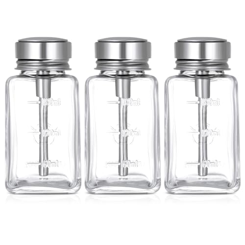 3 Pcs Clear Pump Dispenser Bottle Push Dispenser with Metal Flip Cap 180ml Glass Dispenser Pressure Container Refillable for Dispensing Nail Polish Remover Alcohol Toner and Makeup Remover