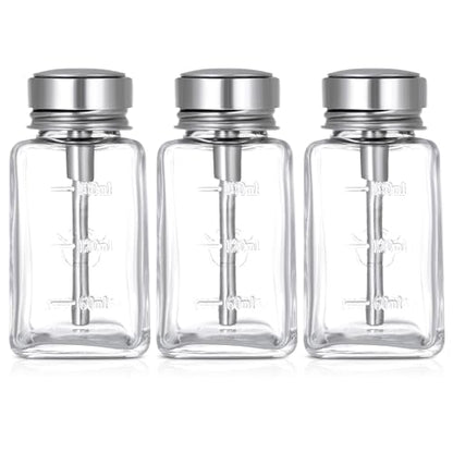 3 Pcs Clear Pump Dispenser Bottle Push Dispenser with Metal Flip Cap 180ml Glass Dispenser Pressure Container Refillable for Dispensing Nail Polish Remover Alcohol Toner and Makeup Remover