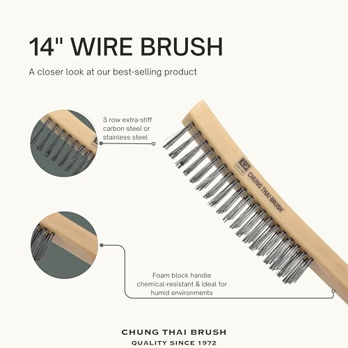 14“ Plastic Handle Wire Brush Set (562301) – 2 Pack 3 Row Scratch Brush Premium Carbon Steel Bristles, Durable, Paint Removal, Rust Removal, Scrubbing, Deep Cleaning, and Detailing