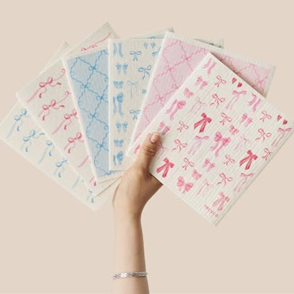 RECYCO Swedish Dishcloths for Kitchen | 6 Packs Lovely Bows Washable Dish Rags | Cellulose Reusable Cleaning Paper Towels | Absorbent Counter Dish Cloth Sponge Kitchen Wipes, 8" L x 7" W - color: Lovely Bows - 6 Pack