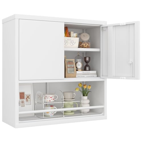 Metal Wall Cabinet, Steel Floating Hanging Storage Cabinet with Locking Doors and Adjustable Shelf for Garage, Basement, Kitchen, Warehouse Assembly Required, White - color: White, size: 30.7''H-2 doors