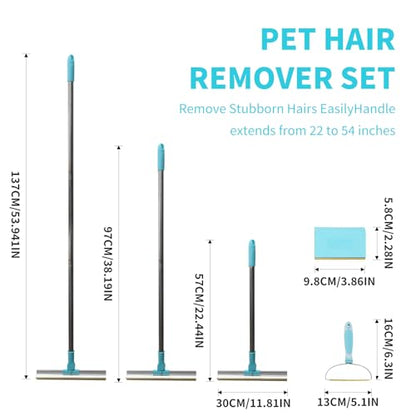 Carpet Rake for Pet Hair Removal - 5-Pcs Set Pet Hair Carpet Rake with Dog Hair Remover, Cat Hair Scraper Tool 55-Inch Adjustable Handle for Carpets, Rugs, Upholstery