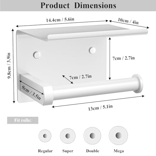 Tindbea Toilet Paper Holder with Phone Shelf, Adhesive or Screw Wall Mount Toilet Tissue Roll Holder, Rustproof & Multifunctional Stainless Steel Bathroom Storage Dispenser (White) - color: F-white
