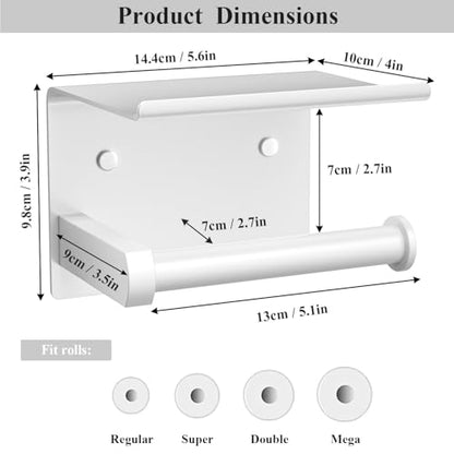 Tindbea Toilet Paper Holder with Phone Shelf, Adhesive or Screw Wall Mount Toilet Tissue Roll Holder, Rustproof & Multifunctional Stainless Steel Bathroom Storage Dispenser (White) - color: F-white