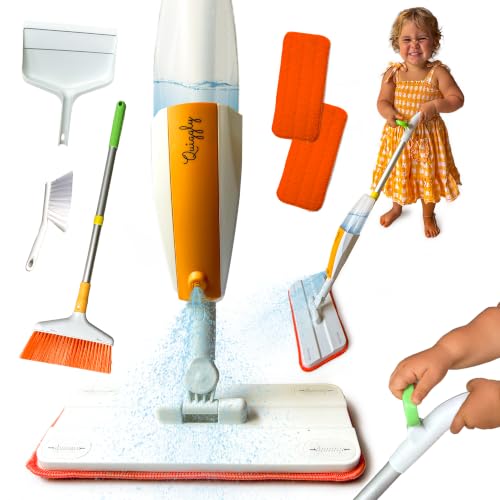Quiggly Toddler Toy Cleaning Set - Spray Mop, Broom, Dustpan, for Kids 3-5 | Plus brush, two-hand hold & pull, Montessori cleaning 4-piece tool kit - size: Toddler, style: Cleaning Set