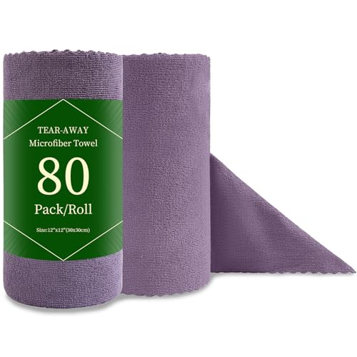 Jessy Home 80 Pack Microfiber Cleaning Cloth Roll Reusable Paper Towels 12"x12" Tear Away Cloth, Microfiber Towels for Cars, Wash Cloths, Lint Free Rags for House, Kitchen,Window,Cleaning Supplies - color: Dark Purple
