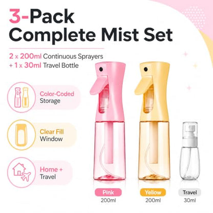 3 Pack Spray Bottles, Continuous Mist Sprayer, Water Spray Bottle for Hair, Hair Mister, 200ml x2 + 30ml Refillable Fine Mist Set - for Styling, Plants, Cleaning & Home Use (Pink & Yellow) - color: Pink+Yellow