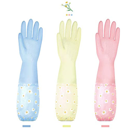 KAQ Dishwashing Cleaning Gloves 3 Pairs-Reusable Rubber Gloves Non-Slip Laundry Kitchen Gardening Household Gloves(Long Cuff) - size: Small (Pack of 3)
