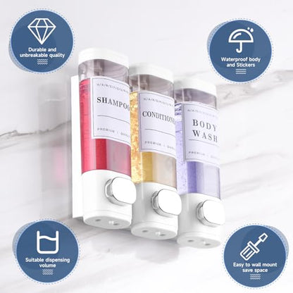 Shower Soap Dispenser Wall Mounted No Drill Shampoo Dispenser for Shower Wall Shampoo and Conditioner Dispenser Bathroom Hotel 3 * 300ml White with Labels - color: White