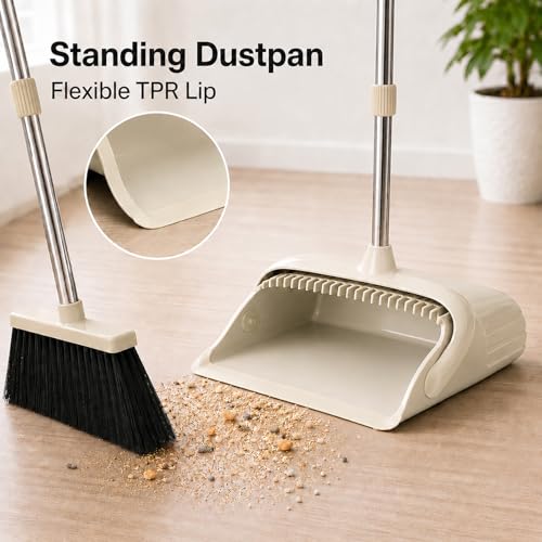 Broom and Dustpan Set, 52-Inch Adjustable Long Handle with Self-Cleaning Comb Teeth, Flexible TPR Lip and Foot-Assisted Fold-Up Dustpan for Home, Kitchen, Office and Apartment, Gray Yellow - color: Gray Yellow