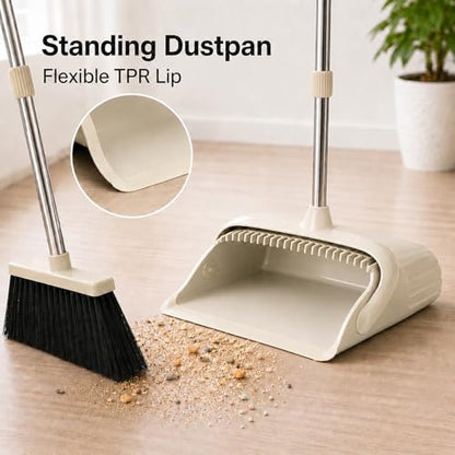 Broom and Dustpan Set, 52-Inch Adjustable Long Handle with Self-Cleaning Comb Teeth, Flexible TPR Lip and Foot-Assisted Fold-Up Dustpan for Home, Kitchen, Office and Apartment, Gray Yellow - color: Gray Yellow
