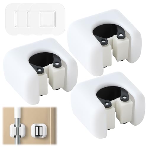 3 Pcs Self-Adhesive Broom Holder | Wall Mount Mop Organizer,Cleaning Supplies Hanger Rack for Bathroom Kitchen Garage Garden,Durable＆Water-Resistant