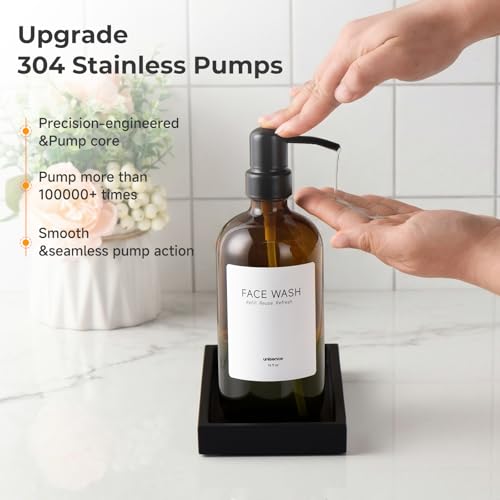 2 Packs Glass Dish Soap Dispenser Set for Kitchen, Hand and Dish Soap Dispenser with Stainless Steel Pump & Resin Tray, Rental-Modern Refillable Countertop Soap Dispenser for Bathroom,Amber - color: Amber
