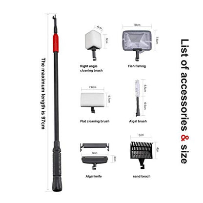 UPETTOOLS Aquarium Clean Tool 6 in 1 Fish Tank Cleaning Kit Algae Scraper Scrubber Pad Adjustable Long Handle Fish Tank Brush Cleaner Set