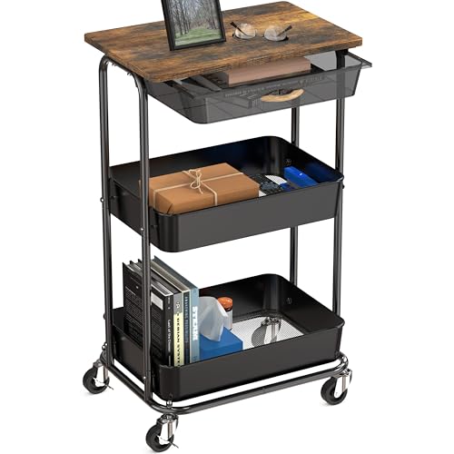Simple Houseware 3-Tier Rolling Utility Cart with Drawer & Wood Tabletop - Mobile Sofa Side Table, Nightstand, Slim Storage Organizer Trolley for Bedroom, Bathroom, Office & Art Supplies, Rustic Brown - color: Rustic Brown