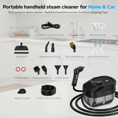 Pressurized Handheld Steam Cleaner 2500W, 54oz Large-Capacity Steamer with 3-Level Adjustable Steam, 15s Heat-Up & 15Pcs Accessories – for Car, Tile, Grout, Couch, Floor, Bed, Dirt, Furniture - color: Black