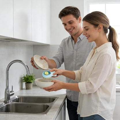 Ergonomic Dish Brush - Portable Kitchen Scrub Brush, Sink Scrub Tool for Kitchen, Pot Pan Scrubber with Soap Dispenser, Dish Cleaning Tool, Utensil Scrubber for Pots Pans Bowls Counter - color: Sky Blue