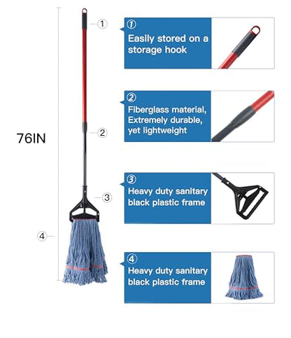 Matthew Residential&Commercial Mop 2 Set&2 Replacement Heavy Duty Industrial Mops w/Adjustable Side-Gate Handle(Quick-Change Gripper) Looped-End String Wet Cotton Mop for Home,Office,Warehouse