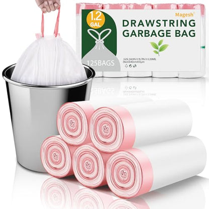 1.2 Gallon Trash Bags Drawstring for Bathroom - Magesh 125 Count Mini Small Garbage Bag Unscented Strong Thick Plastic Trash Can Liners for Toilet Home Office and Bedroom - color: Drawstring-1.2Gal125
