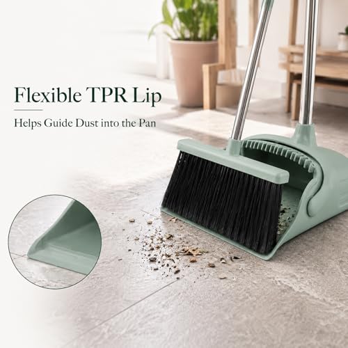 Broom and Dustpan Set, 52-Inch Adjustable Long Handle with Self-Cleaning Comb Teeth, Flexible TPR Lip and Foot-Assisted Fold-Up Dustpan for Pet Hair, Dust, Crumbs and Hard Floors, Green - color: Green