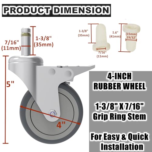 RILIDRI 4-Inch Swivel Stem Caster, 7/16-Inch Stem Diameter Rubber Wheel, Heavy Duty TPR Replacement Wheels for Rubbermaid Mop Bucket Cart Grill Casters - 4 Pack (2 Brakes 2 Swivel) - style: 4 Inch-200LB (2 Double Brakes)