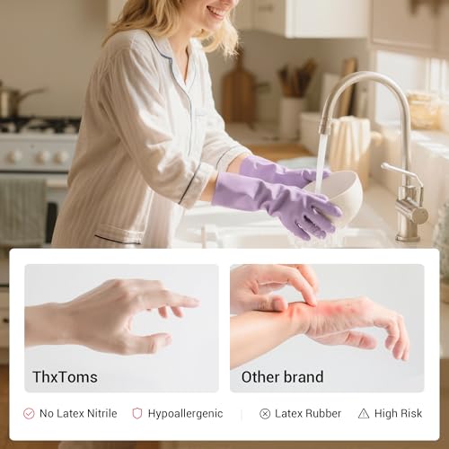 ThxToms 4 Pairs Nitrile Cleaning Gloves, Latex free Reusable Dishwashing Gloves for Women, Kitchen and Bathroom Cleaning, Non-Slip &Flexible, 10 Mil, Colorful, S - size: Small