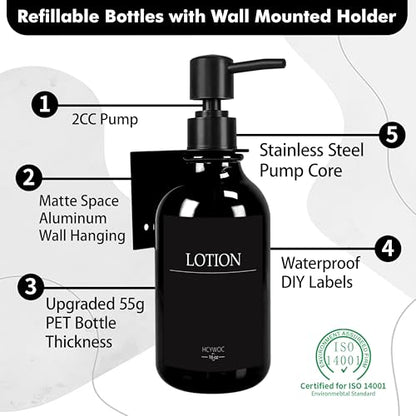 Shampoo Dispenser for Shower Wall, Shampoo and Conditioner Dispenser with 16 Waterproof Labels, No Drill Shower Soap Dispenser Bathroom, Shower Soap Dispenser Wall Mounted,17oz, 3 Pack, Black - color: 1-gloss Black Bottle + Black Pump