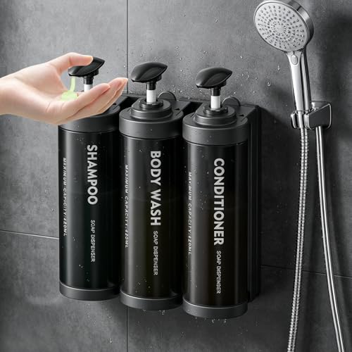 Shampoo and Conditioner Dispenser Wall Mounted, No Drill Shower Soap Dispenser with Large Pump & Key Lock, Refillable ABS Plastic Bathroom Organizer for Hotel, Gym, RV (3 Pack, Black) - color: Black, size: 3