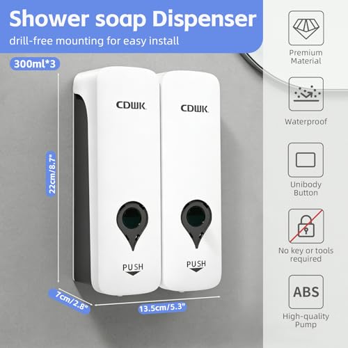 Shower Soap Dispenser 2 Chamber No Drill Shampoo and Conditioner Dispenser Set for Bathroom Kitchen Wall Mounted with Refillabl Pump Bottle Body Wash Bath Container Hotel Elegant White 2x300ml - color: White 2-pack