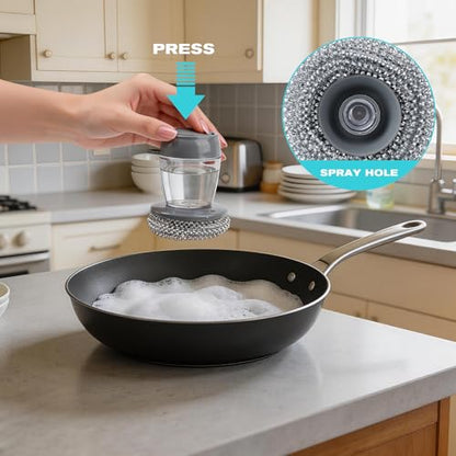 2026 New Soap Dispensing Dish Brush,Comfort Grip Soap Dispensing Kitchen Scrub,Built-in Liquid Dispenser, with Replaceable Nylon/Wire Bristles for One-Hand Use (4 Steel Wire Brush + 2 Accessories)