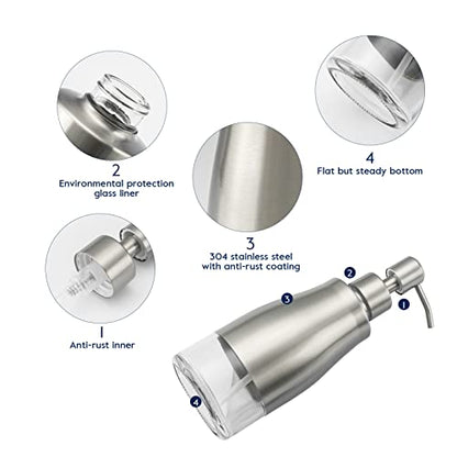 Gaussra 2 Pack Soap Dispenser with Coaster and Stickers, Stainless Steel Case Glass Liner Hand Pump Dispenser, Refillable Liquid Hand Soap Dispenser for Bathroom & Kitchen - Brushed Nickel - color: Brushed Nickel 2